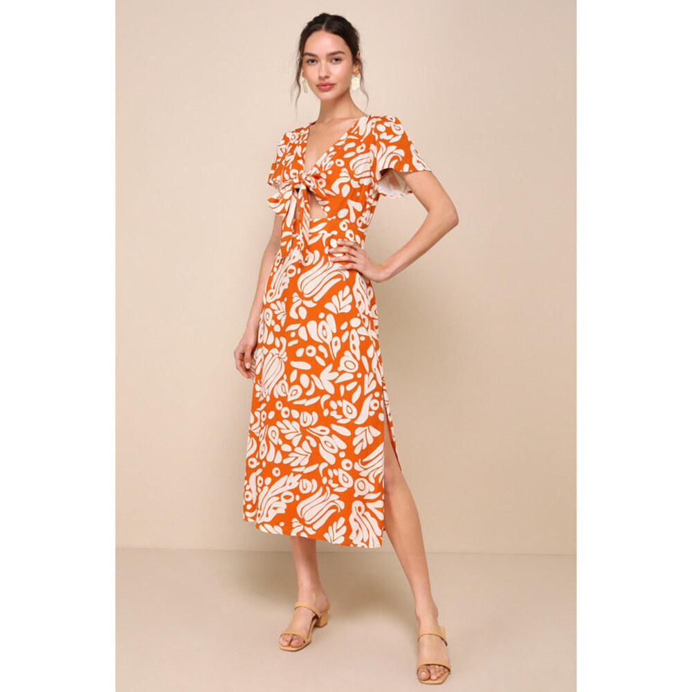 Lulus Energetic Charm Rust Orange Abstract Tie-front Midi Dress - Size S